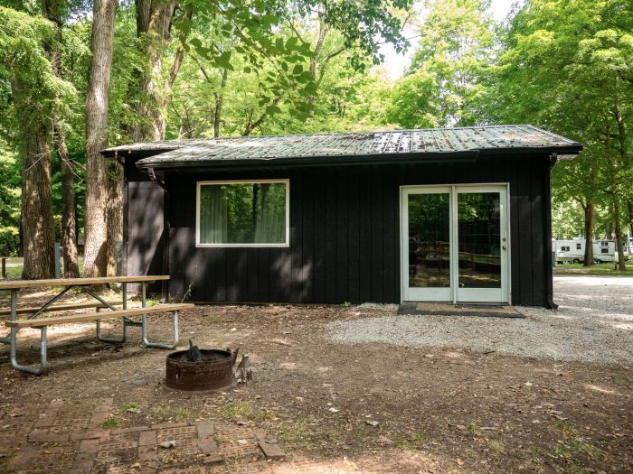 The Lodge Front- Sliding door, firepit, picnic table